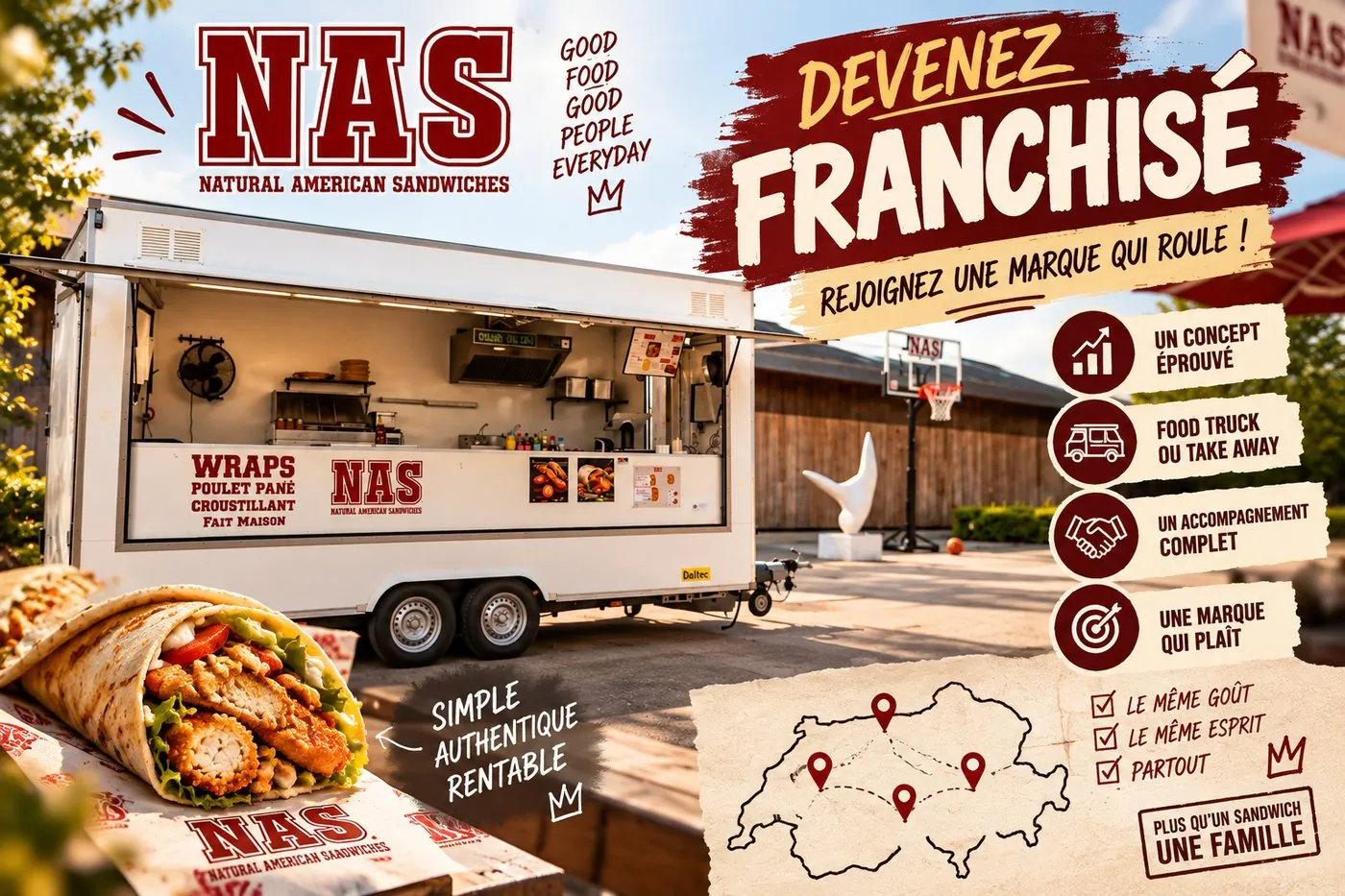 Devenez franchisé NAS, rejoignez une marque qui roule : un concept éprouvé, food truck ou take away, un accompagnement complet, une marque qui plaît. Le même goût, le même esprit, partout en Suisse.